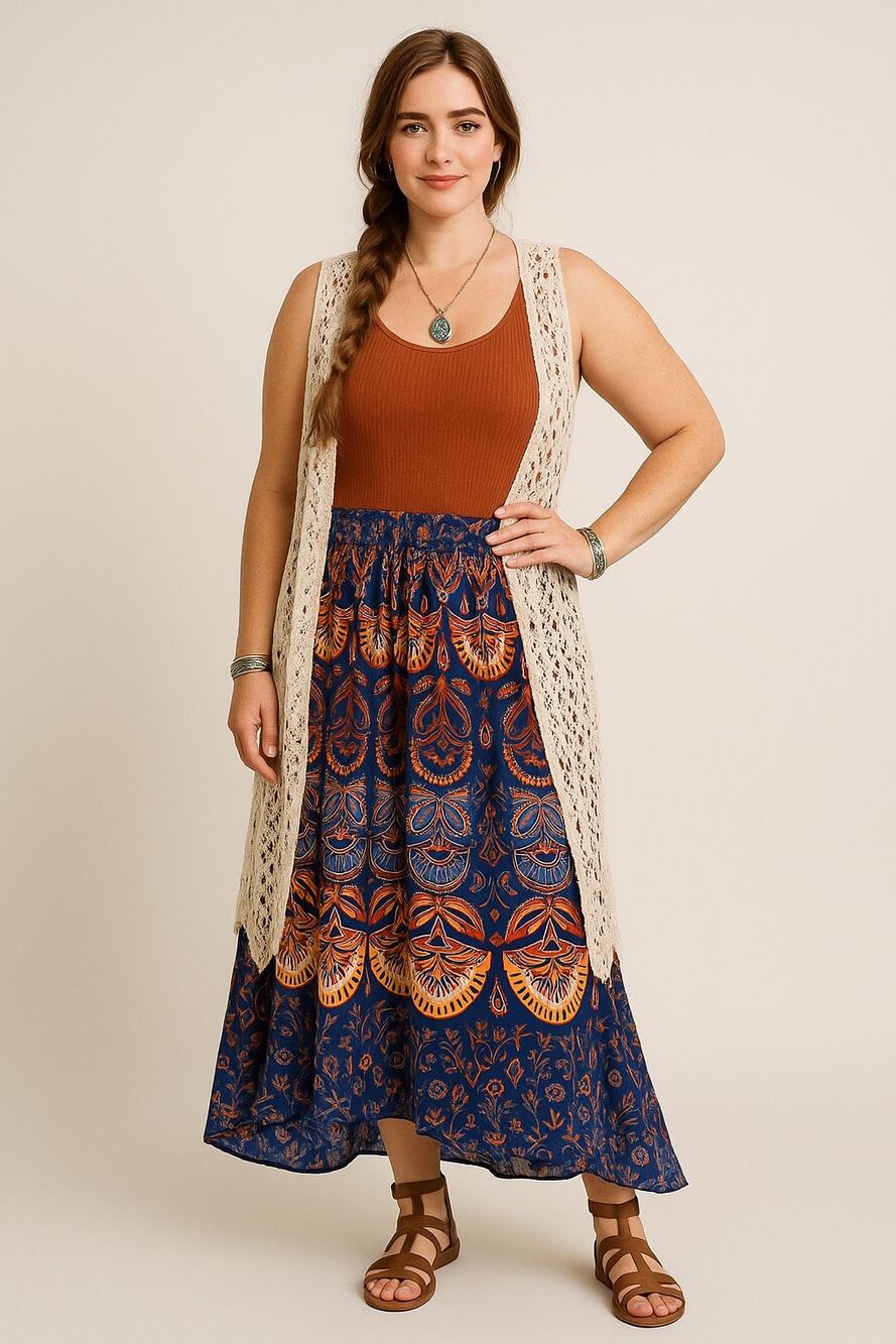 Bohemian feather peacock Blue and Orange Maxi Skirt one free size hippie earthy